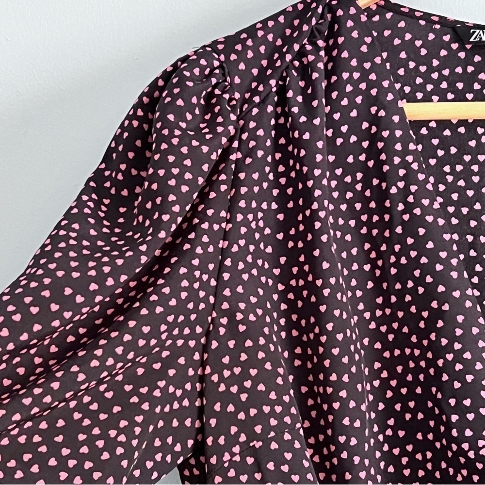 ZARA Ruched Pink Hearts All Over Print Long Sleeve Mini Dress Valentine - Picture 5 of 15